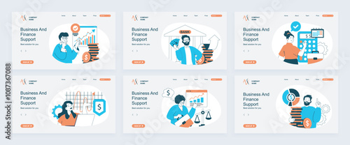 Business and finance concept of landing page with slide templates set in flat design. Website headers with people brainstorming, make data analysis, accounting, manage processes. Vector illustrations.