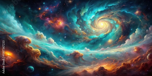 A Celestial Tapestry of Swirling Nebulae, Glowing Stars, and Dreamy Clouds, Unveiling the Cosmic Majesty of the Universe