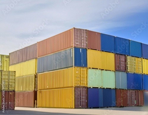 Freight containers on a shipping dock, highlighting cargo transport, logistics, and shipping.