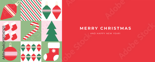 Merry Christmas and Happy New Year greeting banner, holiday cover, poster. Modern Xmas design in geometric style. Design templates for ads, sales, print, season greetings