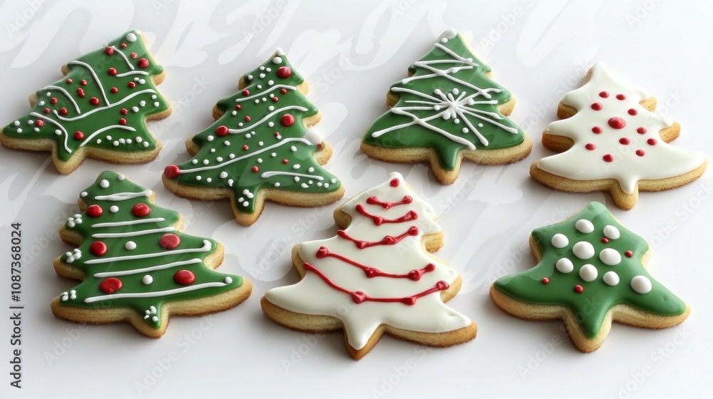 A collection of beautifully decorated Christmas cookies arranged on a white background, ideal for a clean and festive look. A collection of beautifully decorated Christmas cookies arranged on a white background, ideal for a clean and festive look.