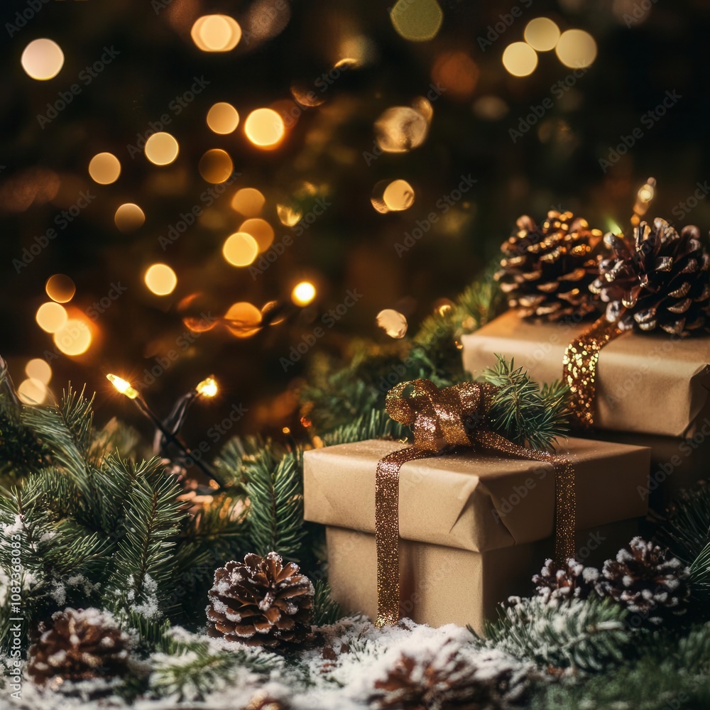 Christmas and New Year backdrop with gift boxes, pine cones, and greenery, illuminated by warm bokeh garlands. Soft lighting and holiday elements create a joyful and festive scene. Christmas and New Year backdrop with gift boxes, pine cones, and greenery, illuminated by warm bokeh garlands. Soft lighting and holiday elements create a joyful and festive scene.
