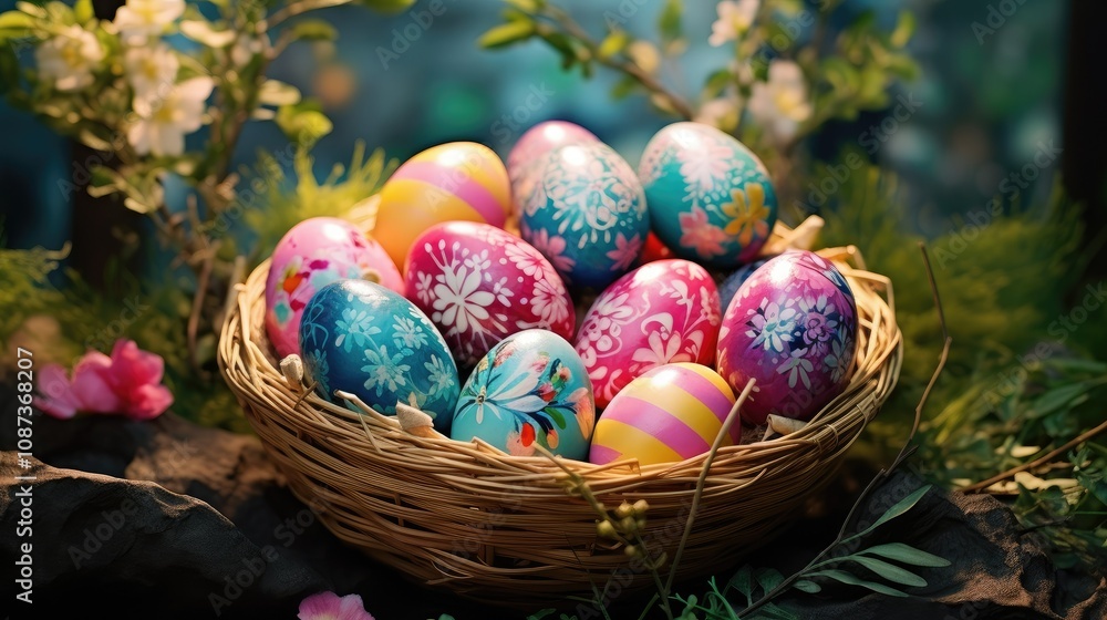 colorful easter eggs in basket . With copy space colorful easter eggs in basket . With copy space