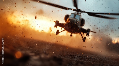 A helicopter swerves through a fiery explosion, its silhouette stark against a blazing sunset, epitomizing danger, chaos, and power in tumultuous circumstances. photo