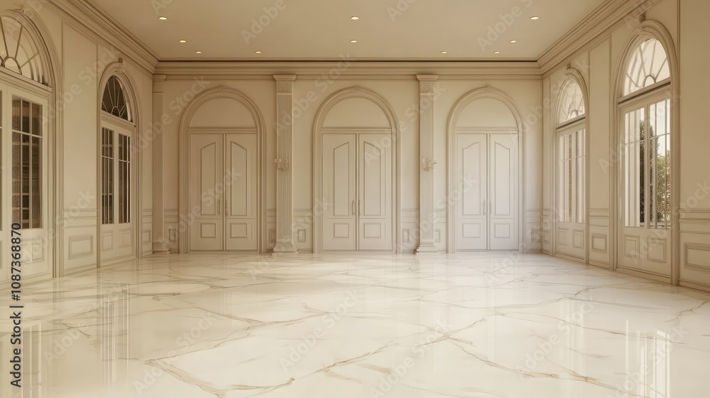 Fototapeta premium Elegant, spacious interior featuring marble flooring and arched windows for a refined ambiance.