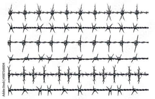 barbed wire set. metal spikes, fence prison jail border confinement pointed fencing vector illustration