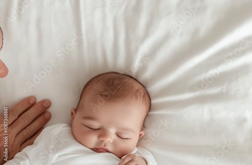 A Middle Eastern baby lying on a white bed, with a parent gently massaging their stomach to ease colic pain