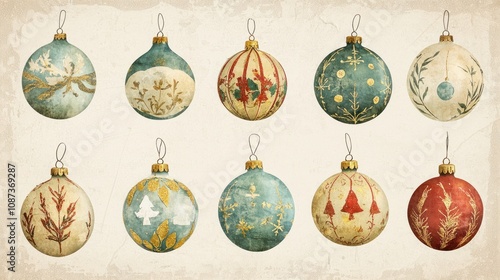 A collection of vintage-style Christmas ornaments with nostalgic designs and faded colors.