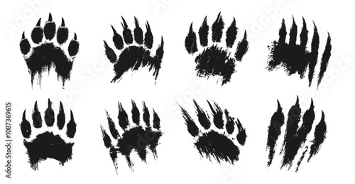 bear paw prints grunge. wild animal claw paw print set, scratch damage attack dangerous black monochrome rough dirty trace vector illustration