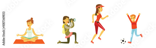 People Walking and Strolling Along Park Relaxing at Weekend Vector Set
