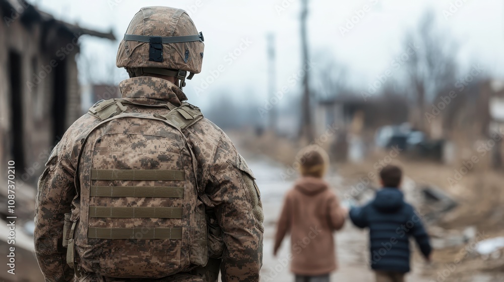 A soldier, seen from the back, observes two children walking away amidst a dilapidated environment, symbolizing vigilance, safety, and survival in adversity. A soldier, seen from the back, observes two children walking away amidst a dilapidated environment, symbolizing vigilance, safety, and survival in adversity.