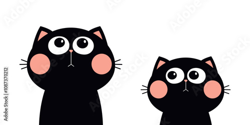 Two peeking cat face head silhouette looking up. Pink ears. Big eyes. Cartoon character set. Cute kawaii black kitten baby pet animal. Greeting card. Sticker print. Flat design White background Vector