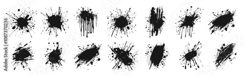 blot black grunge. monochrome drop spray splatter paint drips, textured splash aerosol dirty stained set vector illustration