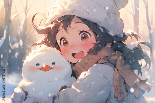 girl with a snowman, Cheerful Chibi Character Hugging a Snowman, Happy Anime Character in a Snowy Wonderland