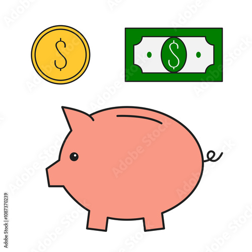 Piggy Bank Dollar Coin, Paper Bill. Gold coins icon. Money savings concept. Earning money, investment, business advertising. Cute cartoon kawaii animal. Flat design. White background. Isolated. Vector