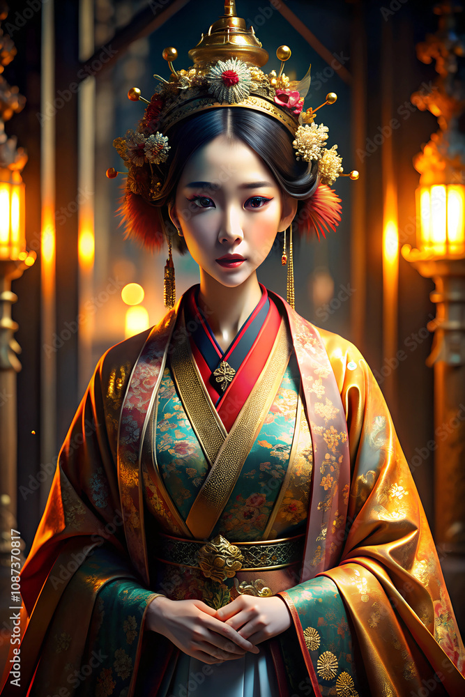 Woman in Colorful Traditional Chinese Kimono, Gold Embroidery Shining Under Warm Indoor Lighting, Full Body Close-up Woman in Colorful Traditional Chinese Kimono, Gold Embroidery Shining Under Warm Indoor Lighting, Full Body Close-up