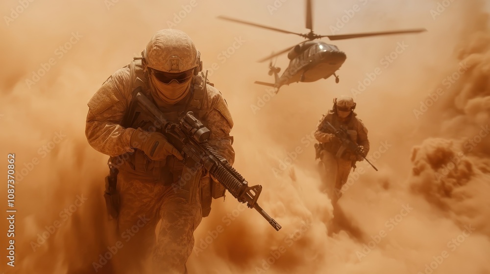 Amidst a heavy dust storm, armed soldiers press forward with determination as a helicopter flies above, suggesting a scene of relentless pursuit and fortitude. Amidst a heavy dust storm, armed soldiers press forward with determination as a helicopter flies above, suggesting a scene of relentless pursuit and fortitude.