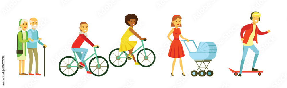People Walking and Strolling Along Park Relaxing at Weekend Vector Set People Walking and Strolling Along Park Relaxing at Weekend Vector Set