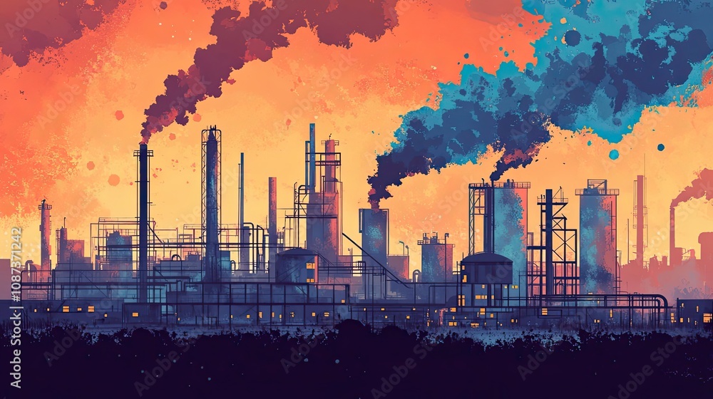 Industrial Complex at Sunset with Smoky Emissions Industrial Complex at Sunset with Smoky Emissions