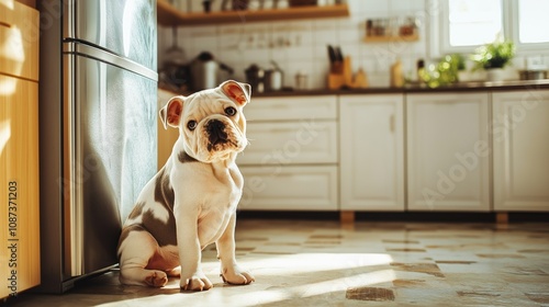 Cute English bulldog puppy begging for food in kitchen