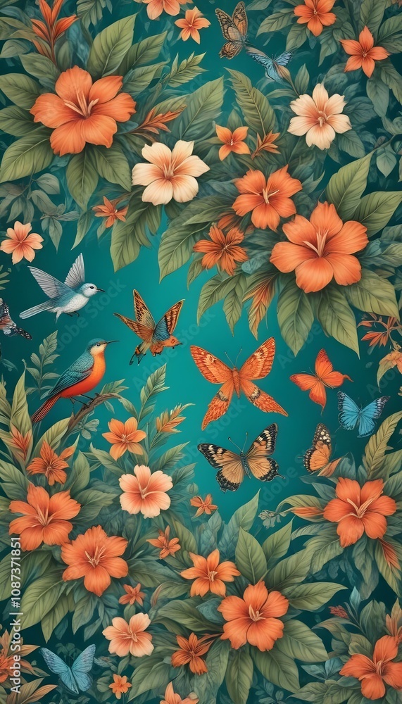 Tropical exotic pattern with animal and flowers in bright colors and lush vegetation Tropical exotic pattern with animal and flowers in bright colors and lush vegetation
