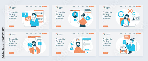 Contact us concept of landing page with slide templates set in flat design. Website headers with people answering calls, chatting with clients, give info solve customer problems. Vector illustrations.