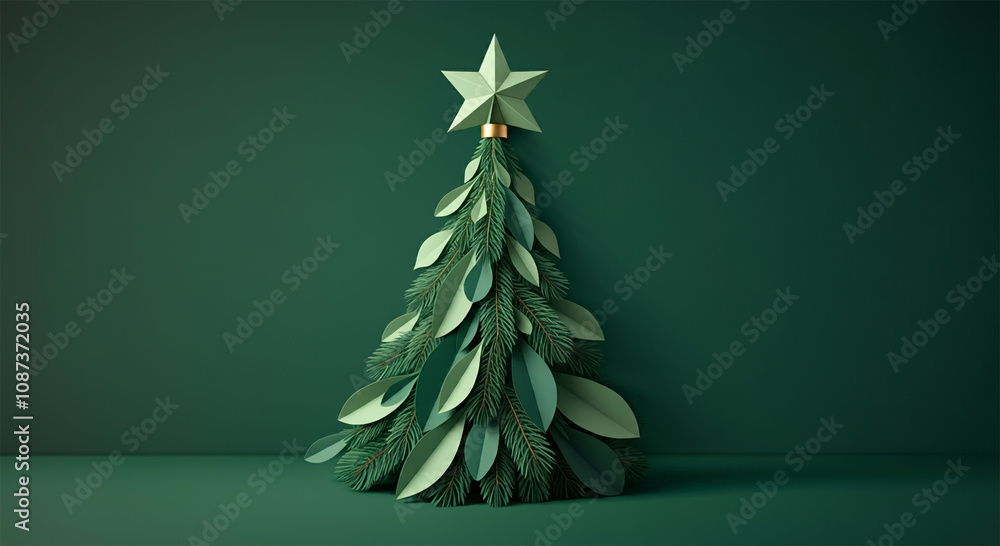 Minimalist Simple Green Cut Paper Design, Merry Christmas Tree, Eco Friendly Environment Concept, Xmas Celebration Holiday Card Minimalist Simple Green Cut Paper Design, Merry Christmas Tree, Eco Friendly Environment Concept, Xmas Celebration Holiday Card