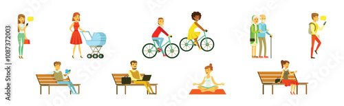 People Walking and Strolling Along Park Relaxing at Weekend Vector Set