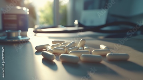 Tablets and capsules scattered on a doctor's desk, with a stethoscope and pill bottle subtly blurred in the background, capturing the details of the pills with soft natural light for a clinical settin photo