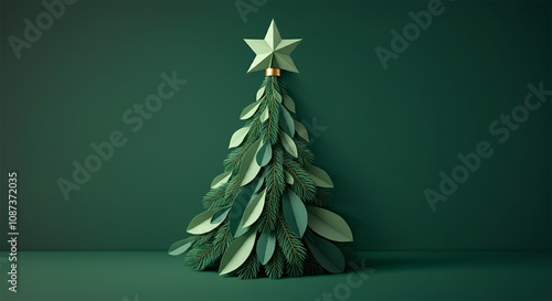 Minimalist Simple Green Cut Paper Design, Merry Christmas Tree, Eco Friendly Environment Concept, Xmas Celebration Holiday Card