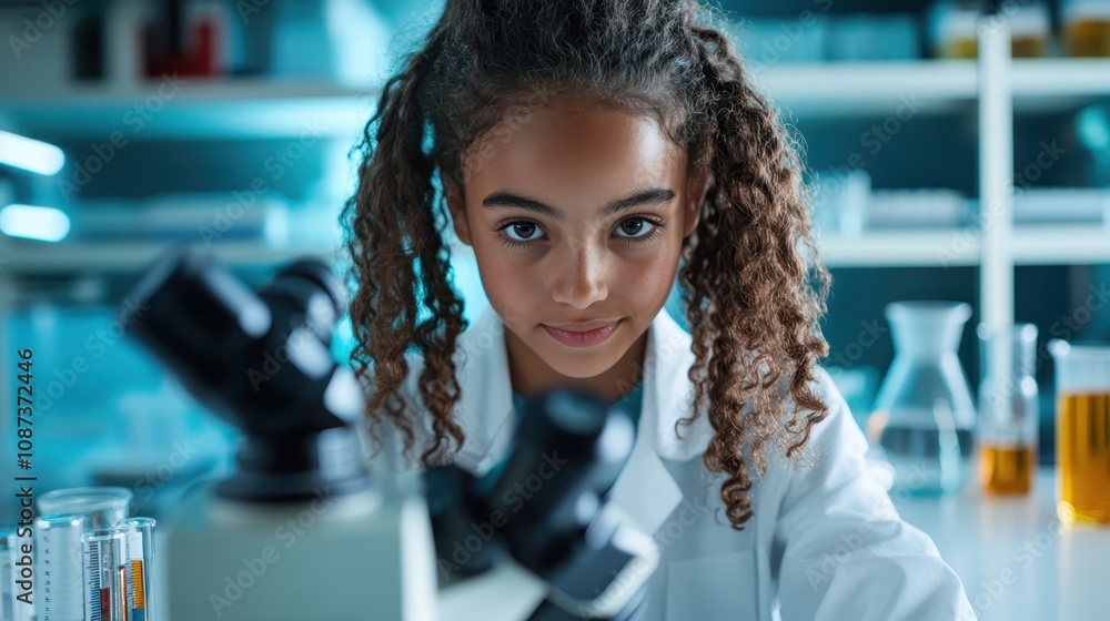 A young girl, wearing a laboratory jacket, looks thoughtfully through a microscope in a brightly lit lab, embodying learning and scientific curiosity. A young girl, wearing a laboratory jacket, looks thoughtfully through a microscope in a brightly lit lab, embodying learning and scientific curiosity.