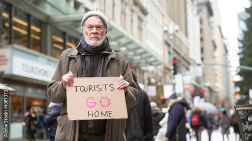 Elderly protester man holds sign with text Tourists Go Home, demonstration against overtourism in touristic european city