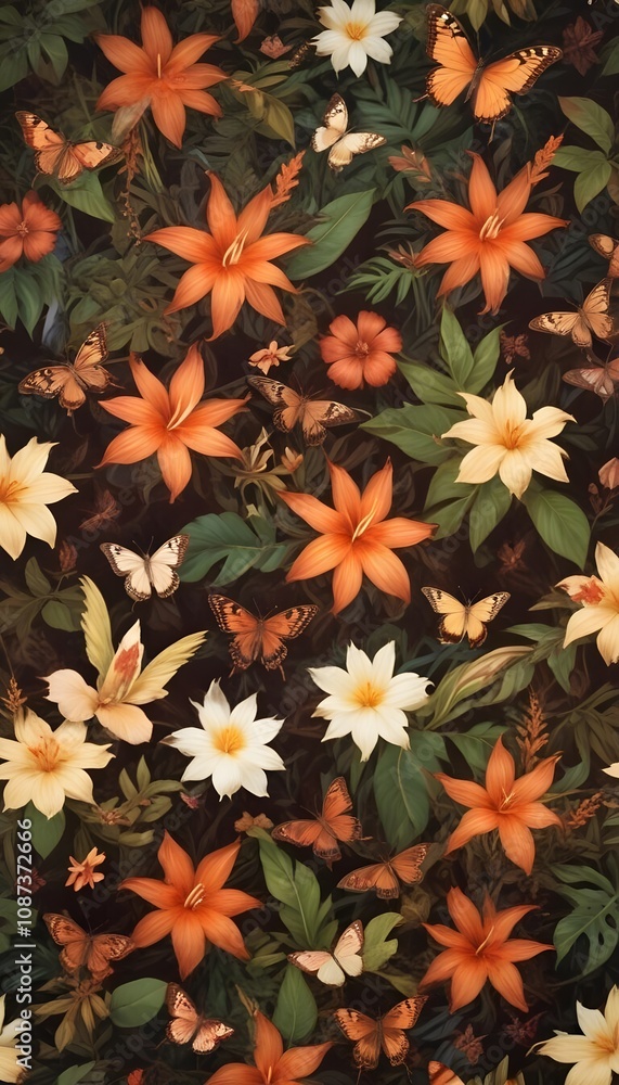Tropical exotic pattern with animal and flowers in bright colors and lush vegetation Tropical exotic pattern with animal and flowers in bright colors and lush vegetation