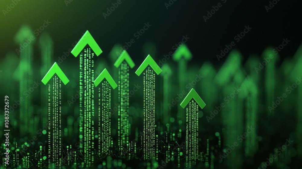 Fototapeta premium A dynamic visualization of green upward arrows amidst glowing binary code, symbolizing growth and digital progress.