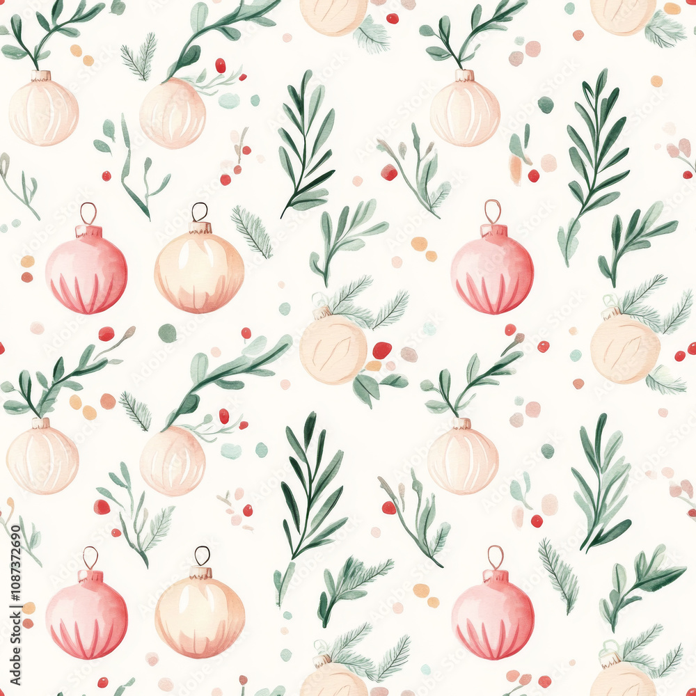 Christmas ornaments and greenery seamless pattern background Christmas ornaments and greenery seamless pattern background