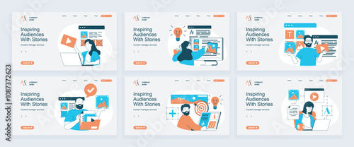 Content manager concept of landing page with slide templates set in flat design. Website headers with people filling sites with images, writing articles, making online posts. Vector illustrations.