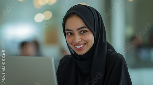 Smiling Muslim woman in hijab working on a laptop