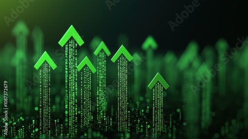 Wallpaper Mural A dynamic visualization of green upward arrows amidst glowing binary code, symbolizing growth and digital progress. Torontodigital.ca