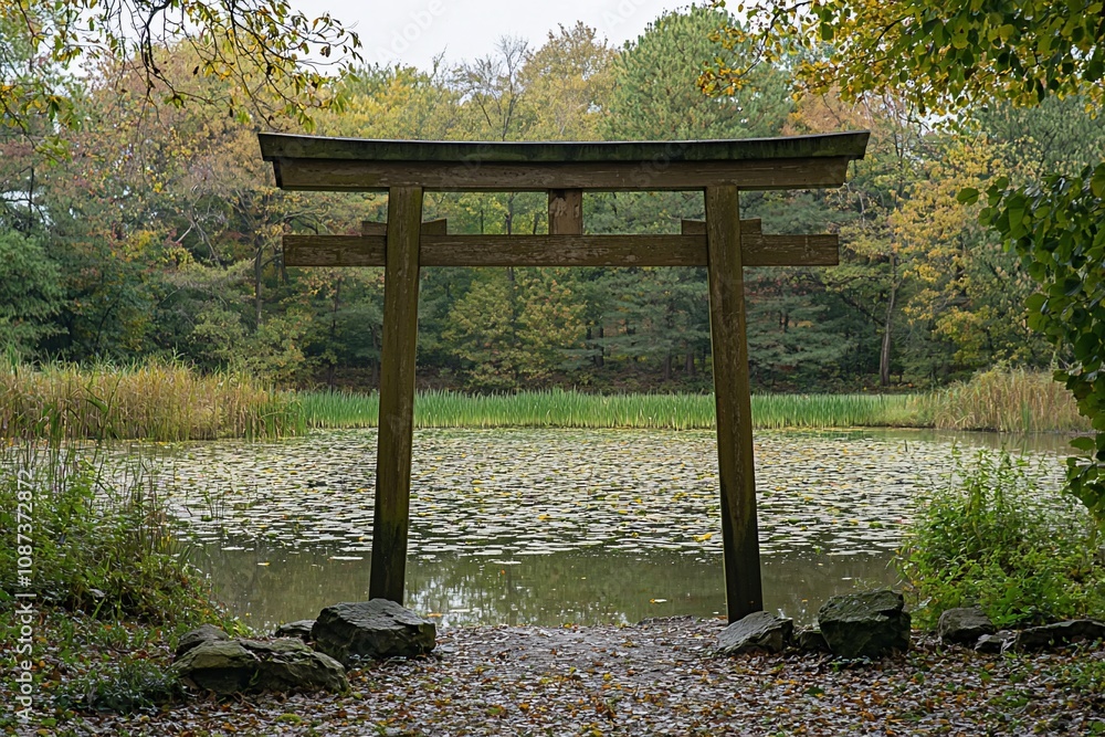 Serene Japanese Torii Gate Overlooking a Tranquil Pond in Autumn Serene Japanese Torii Gate Overlooking a Tranquil Pond in Autumn