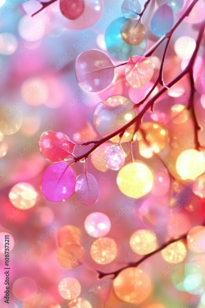 Colorful bokeh lights on branches in soft focus background Colorful bokeh lights on branches in soft focus background