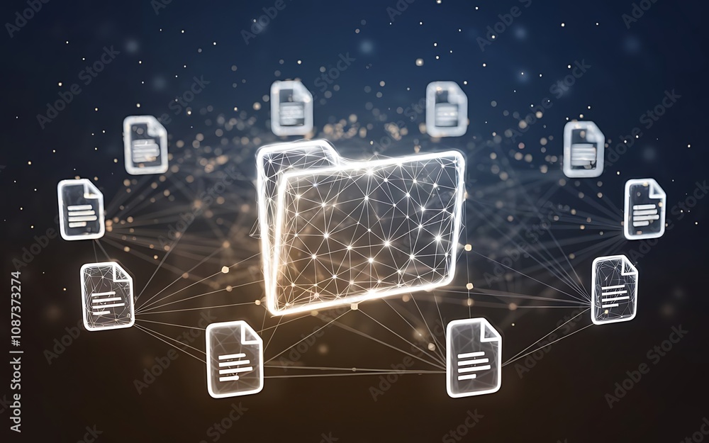 Digital Document Network: A glowing folder icon at the center, surrounded by interconnected document icons, illustrating the concept of a secure and efficient digital document management system. Digital Document Network: A glowing folder icon at the center, surrounded by interconnected document icons, illustrating the concept of a secure and efficient digital document management system.