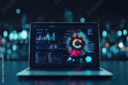 Wealth management dashboard with analytics top view highlighting client insights technology tone monochromatic color scheme