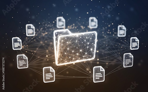 Digital Document Network:  A glowing folder icon at the center, surrounded by interconnected document icons, illustrating the concept of a secure and efficient digital document management system. photo