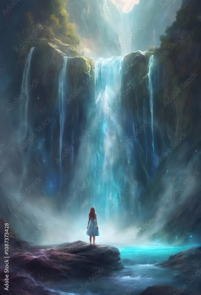 Obraz premium Beautiful fairy-tale fantasy plot, a beautiful girl stands in a canyon on a rock in front of a huge waterfall