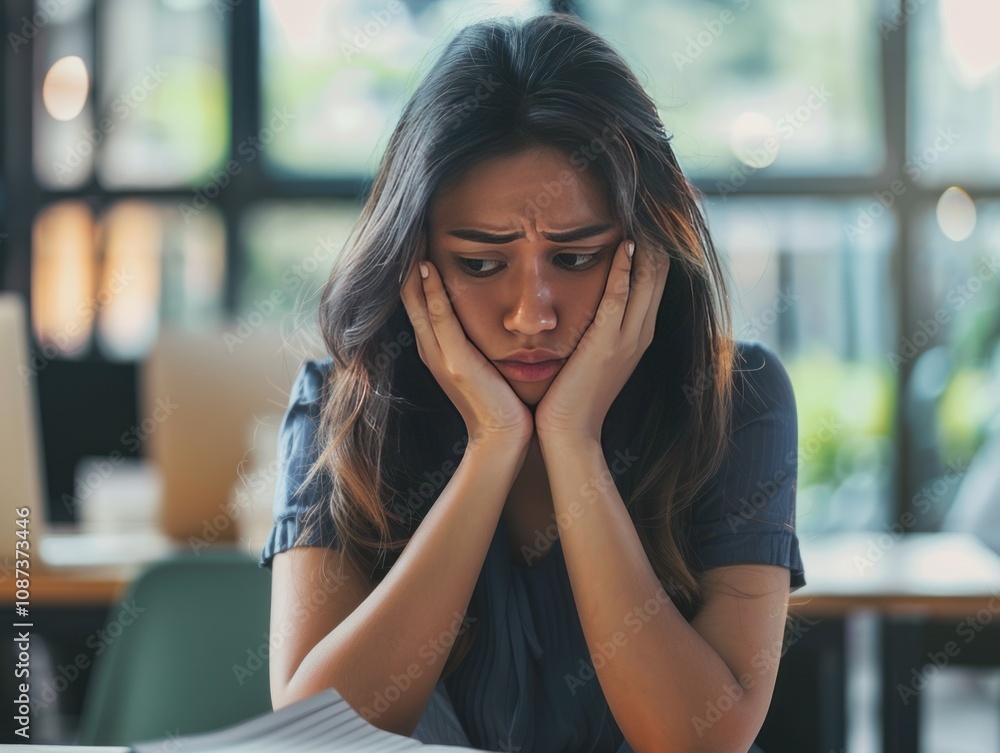 A woman looks worried while resting her face in her hands, surrounded by a workspace. A woman looks worried while resting her face in her hands, surrounded by a workspace.