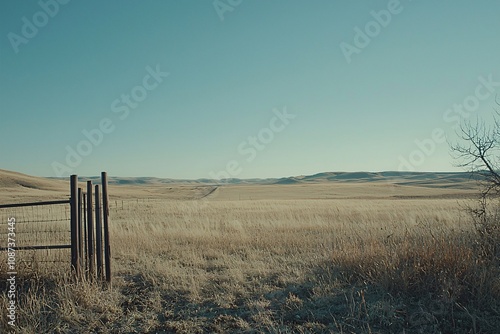 Expansive Prairie Landscape with Open Gate Under Clear Blue Sky photo