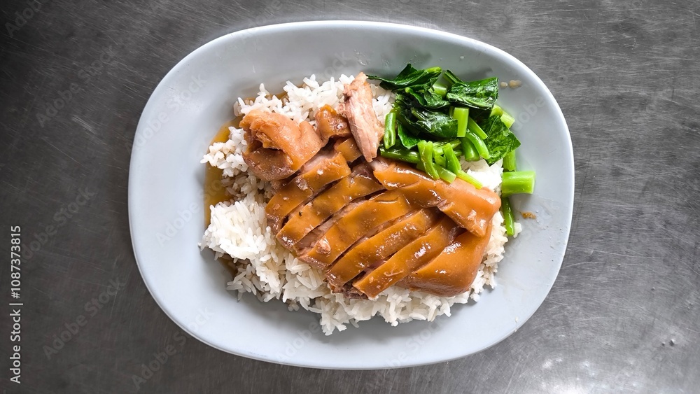 Slow-Braised Pork Leg on Rice. Thai food. Slow-Braised Pork Leg on Rice. Thai food.