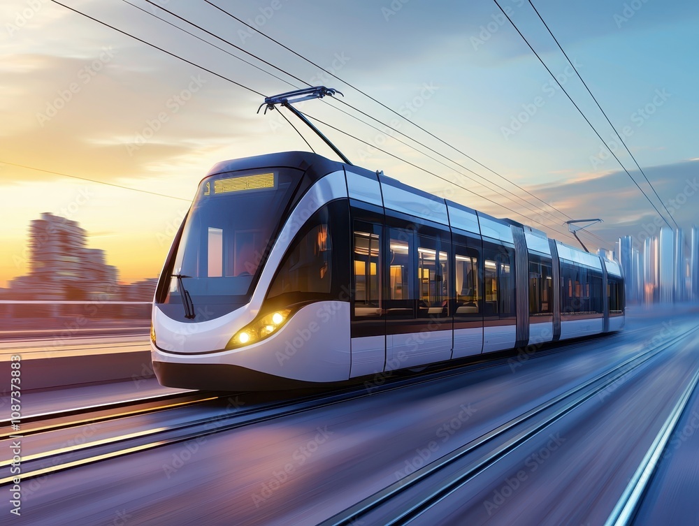 A modern tram travels along tracks at sunset, showcasing sleek design and urban scenery in a vibrant city atmosphere. A modern tram travels along tracks at sunset, showcasing sleek design and urban scenery in a vibrant city atmosphere.