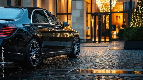 A sleek black luxury car parked outside an upscale hotel, reflecting ambient lights on wet cobblestones.