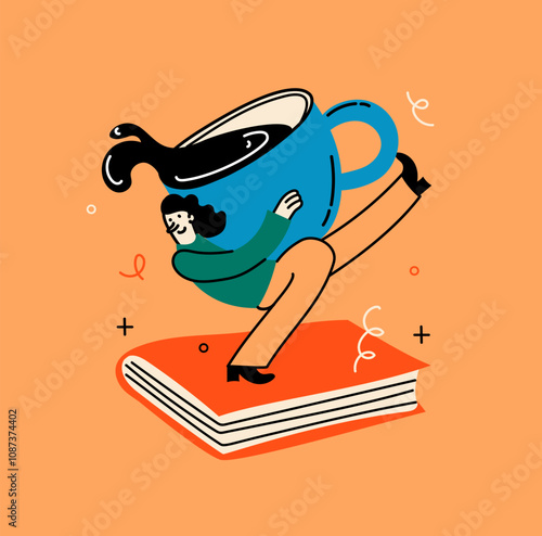 Book concept illustration. Happy woman reading books and drinking a cup of coffee. Flat trendy retro vector illustrations isolated on background